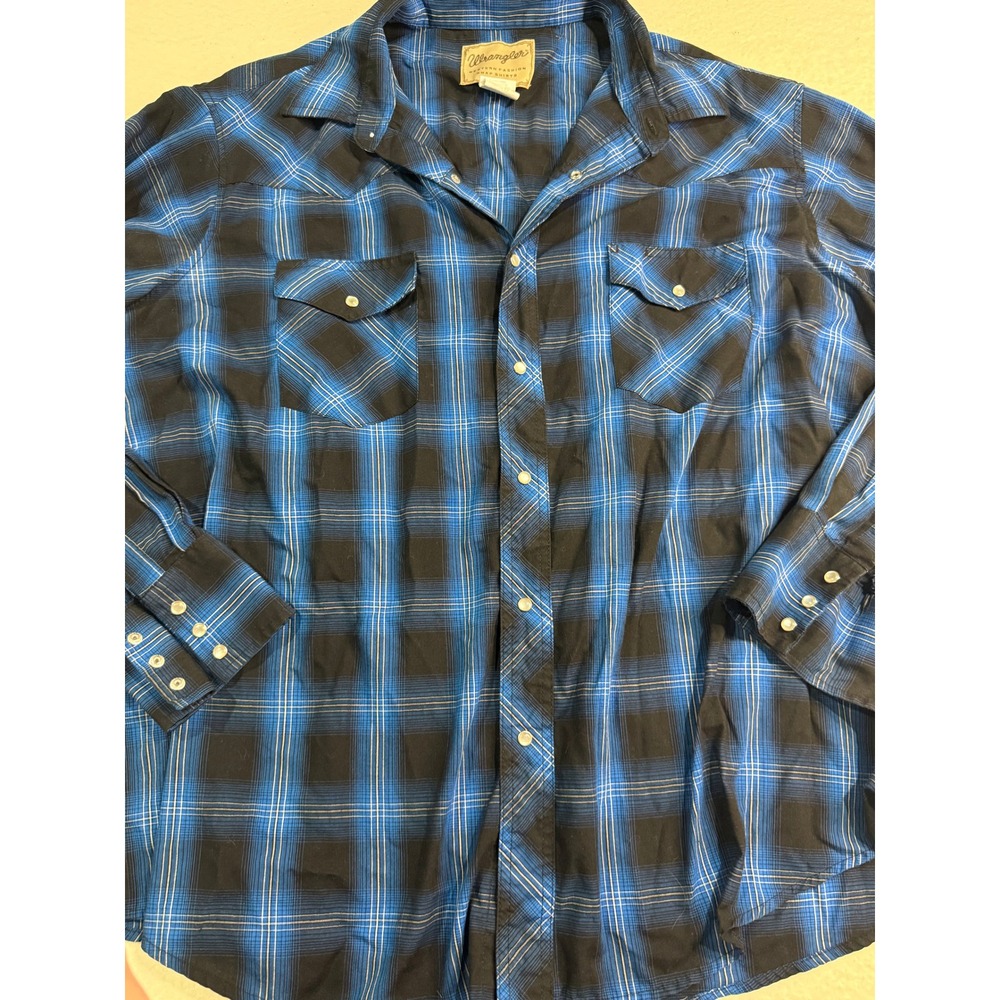 Wrangler Mens Blue Black Plaid Western Snap Shirt WM175BB 2XL Long Sleeve Cowboy